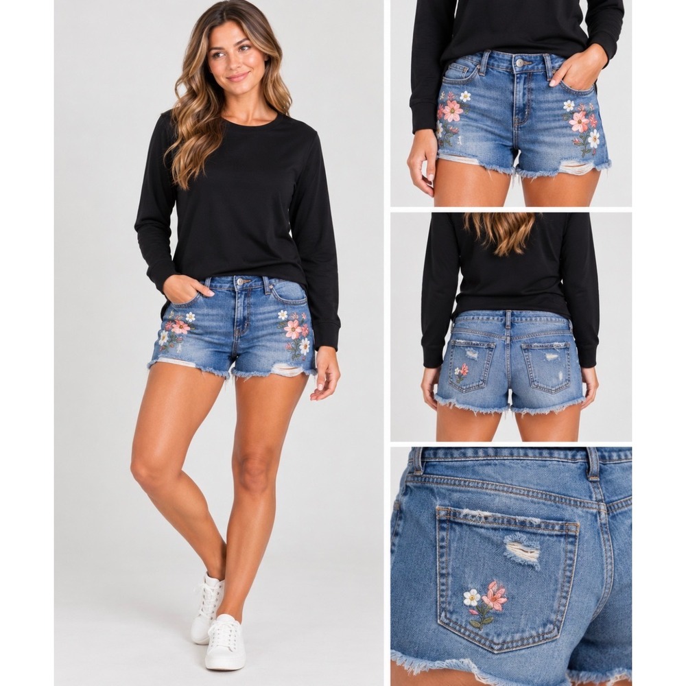 Time and Tru Womens Floral Embroidered High Rise Distressed Denim Shorts Size 12